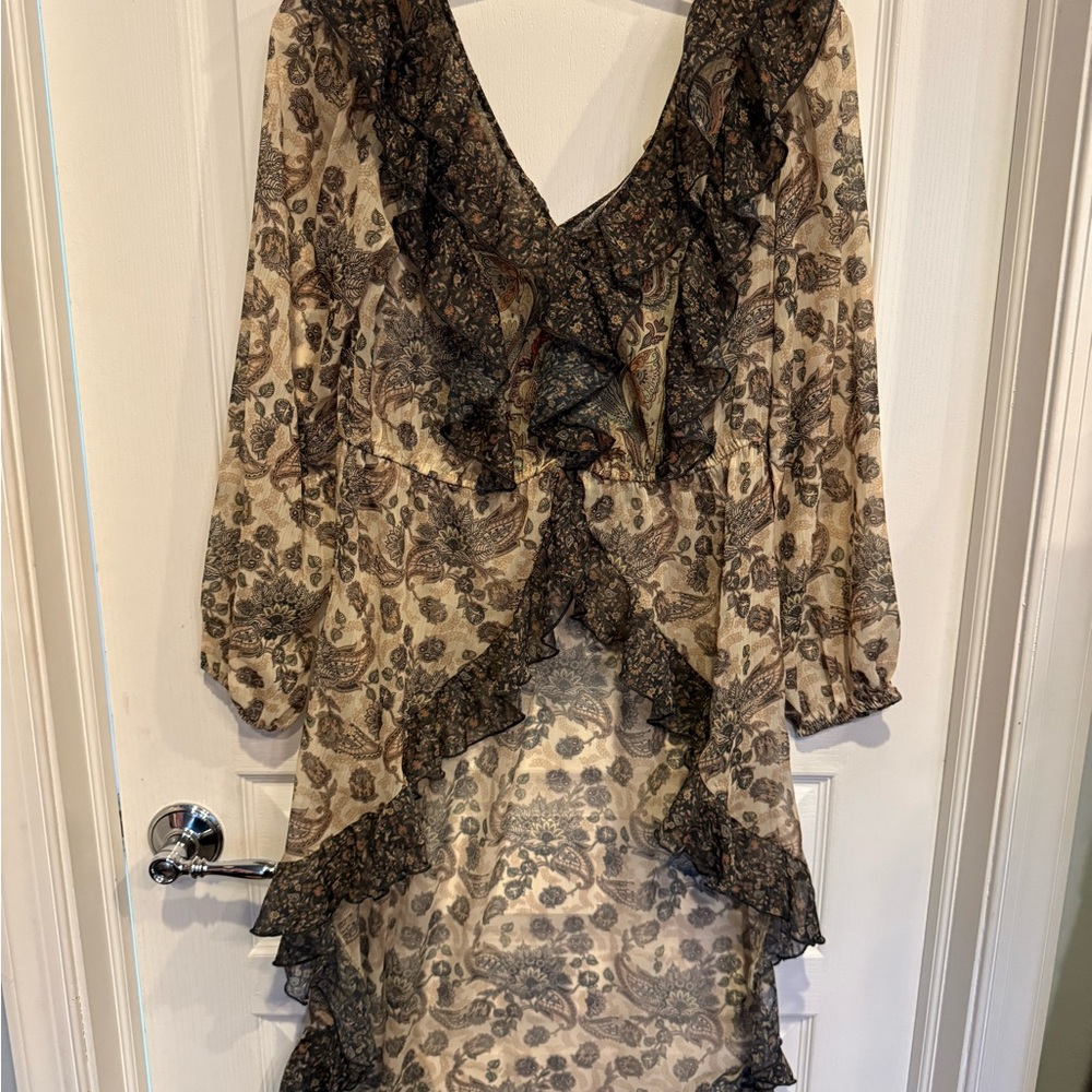 Sheer High Low Floral Blouse with Ruffle Details